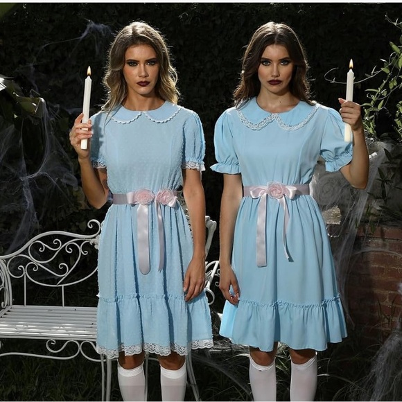 NIP Spadehill Women's Halloween Creepy Twin Costume Blue Dress, Belt & Flower - Picture 1 of 6